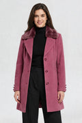 women's pink faux fur overcoat, front waist-up view, faux fur collar and tortoiseshell button closure
