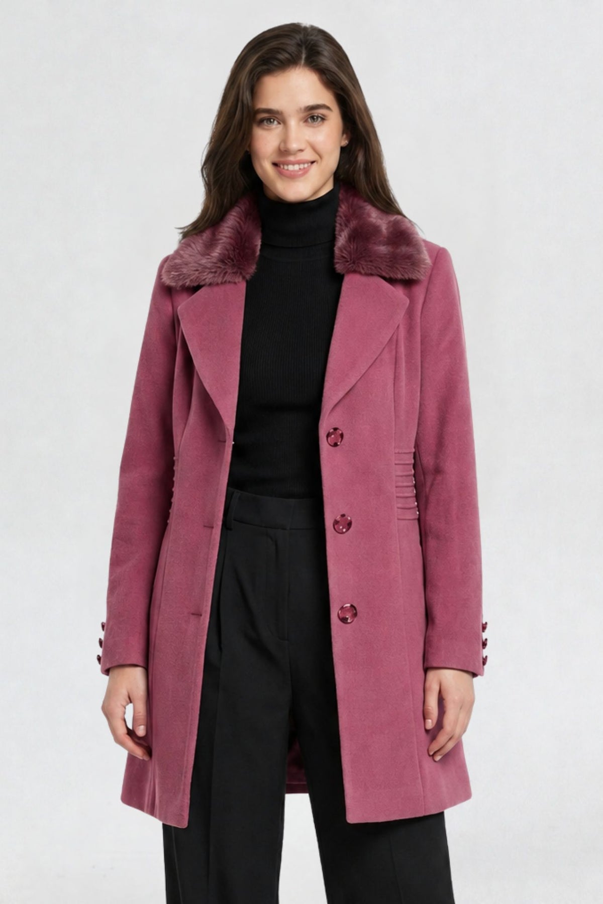 women's pink faux fur overcoat, front waist-up view, faux fur collar and tortoiseshell button closure