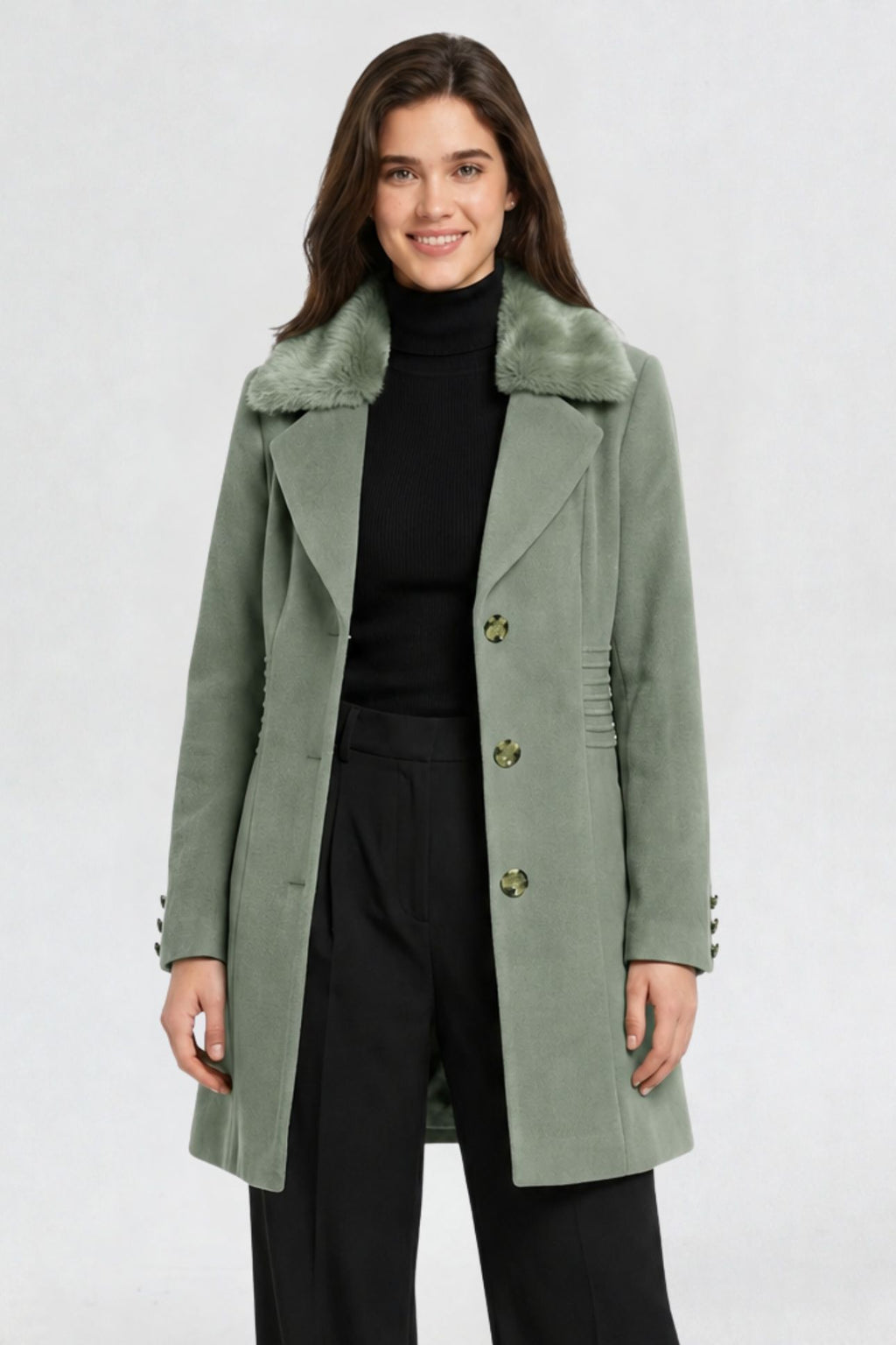 RFORTUNE women's pista green faux fur overcoat, front waist-up view, faux fur collar and tortoiseshell button closure
