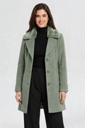 RFORTUNE women's pista green faux fur overcoat, front waist-up view, faux fur collar and tortoiseshell button closure