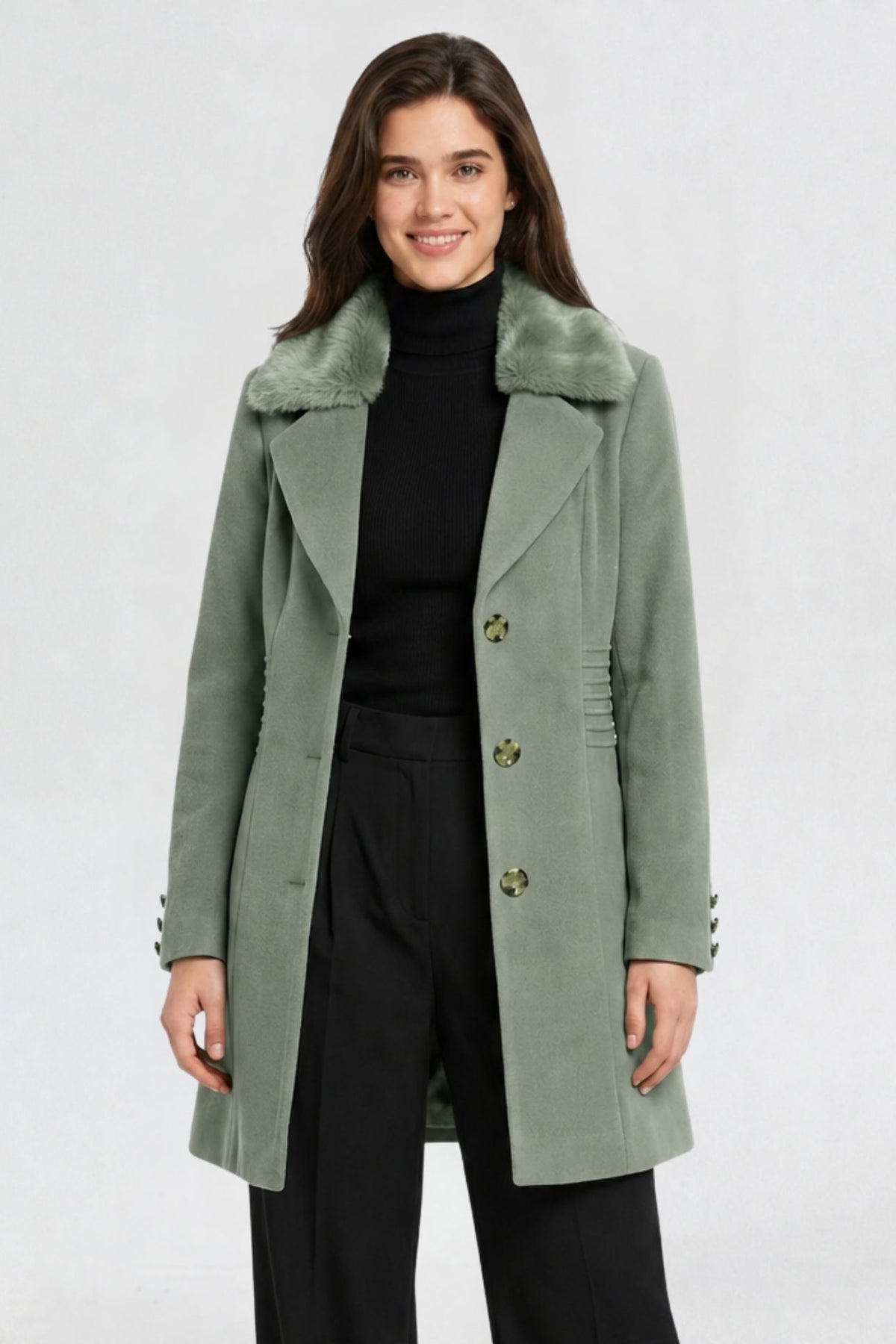 RFORTUNE women's pista green faux fur overcoat, front waist-up view, faux fur collar and tortoiseshell button closure