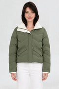 RFORTUNE women's pista green puffer jacket, front waist-up view, cream contrast collar and zip closure