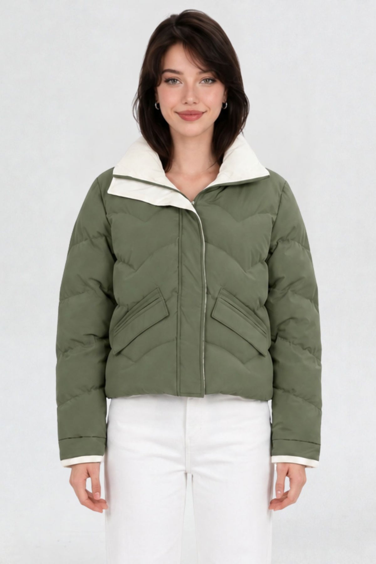 RFORTUNE women's pista green puffer jacket, front waist-up view, cream contrast collar and zip closure