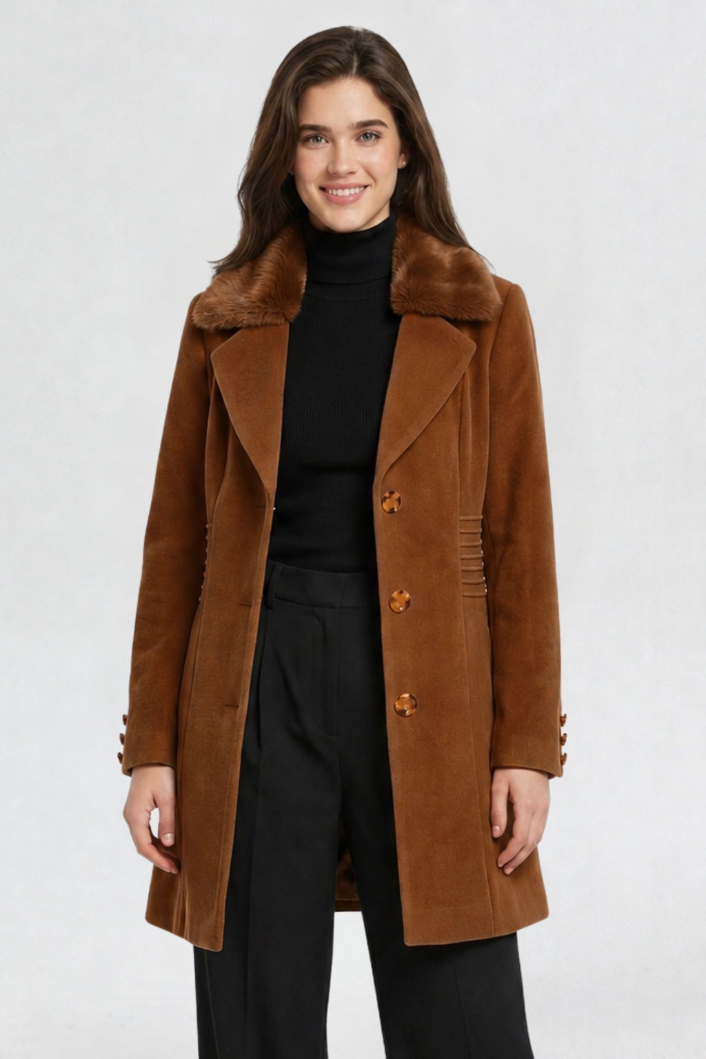 RFORTUNE women's tan brown faux fur overcoat, front waist-up view, faux fur collar and tortoiseshell button closure