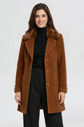 RFORTUNE women's tan brown faux fur overcoat, front waist-up view, faux fur collar and tortoiseshell button closure