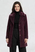 RFORTUNE women's wine purple faux fur overcoat, front waist-up view, faux fur collar and tortoiseshell button closure